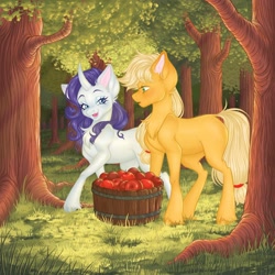 Size: 2048x2048 | Tagged: safe, artist:bulochkaa_1, applejack, rarity, earth pony, pony, unicorn, g4, apple, bucket, female, food, high res, lesbian, mare, ship:rarijack, shipping, tree