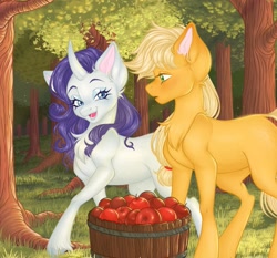 Size: 1431x1333 | Tagged: safe, artist:bulochkaa_1, applejack, rarity, earth pony, pony, unicorn, g4, apple, bucket, female, food, forest, lesbian, mare, ship:rarijack, shipping, tree