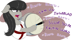 Size: 1500x848 | Tagged: safe, artist:2fat2fly, octavia melody, earth pony, pony, g4, british, chav, come on ingerland, drumming, drums, england, meme, musical instrument, octchavia, onomatopoeia, ponified meme, solo, sports, yelling