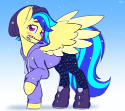 Size: 1806x1598 | Tagged: safe, artist:koapony, oc, oc only, oc:koa, pegasus, pony, beanie, blushing, boots, candy, candy cane, clothes, eyebrows, eyebrows visible through hair, food, hat, hoodie, looking at you, mouth hold, pants, raised eyebrows, shoes, snow, solo, spread wings, wings