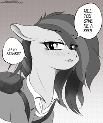 Size: 1251x1500 | Tagged: safe, artist:2fat2fly, marble pie, earth pony, pony, g4, blushing, clothes, dialogue, eye clipping through hair, female, grayscale, hair over one eye, looking at you, mare, monochrome, open mouth, shirt, solo, speech bubble, talking to viewer