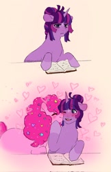 Size: 1328x2048 | Tagged: safe, artist:lilfairyartistt, pinkie pie, twilight sparkle, earth pony, pony, unicorn, g4, book, couple, duo, duo female, female, heart, lesbian, nuzzling, reading, romantic, ship:twinkie, shipping