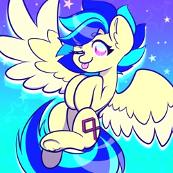 Size: 1500x1500 | Tagged: safe, artist:koapony, oc, oc only, oc:koa, pegasus, pony, colored wings, colored wingtips, eyebrows, eyebrows visible through hair, looking at you, one eye closed, raspberry, smiling, solo, spread wings, stars, tongue out, two toned wings, underhoof, wings, wink, winking at you