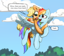 Size: 880x776 | Tagged: safe, artist:solixy406, applejack, rainbow dash, earth pony, pegasus, pony, g4, applejack riding rainbow dash, cloud, day, flying, ponies riding ponies, riding, sky, speech bubble, spread wings, wings