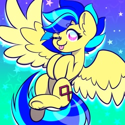 Size: 1500x1500 | Tagged: safe, alternate version, artist:koapony, oc, oc only, oc:koa, pegasus, pony, colored wings, colored wingtips, eyebrows, eyebrows visible through hair, looking at you, one eye closed, raspberry, smiling, solo, spread wings, stars, tongue out, two toned wings, underhoof, wings, wink, winking at you