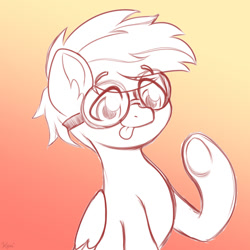 Size: 1500x1500 | Tagged: safe, artist:koapony, oc, oc only, oc:afterburner, pegasus, pony, derp, eyebrows, eyebrows visible through hair, glasses, gradient background, sketch, smiling, solo, tongue out