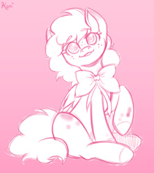 Size: 1053x1180 | Tagged: safe, artist:koapony, oc, oc only, pegasus, pony, bow, coat markings, dappled, eyebrows, eyebrows visible through hair, freckles, gradient background, looking at you, sitting, sketch, smiling, solo
