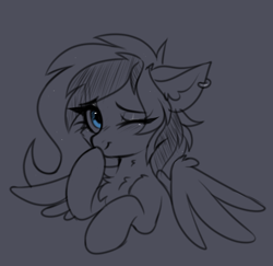 Size: 2674x2595 | Tagged: safe, artist:pesty_skillengton, oc, oc only, oc:luny, pegasus, pony, blushing, chest fluff, ear fluff, ear piercing, earring, female, high res, jewelry, one eye closed, piercing, ring, sketch, smiling, solo, spread wings, wings, wink