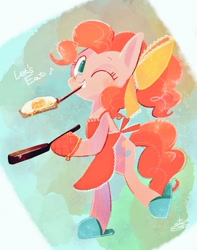 Size: 837x1063 | Tagged: safe, artist:sibashen, pinkie pie, earth pony, pony, g4, apron, bipedal, bow, clothes, female, fried egg, hair bow, mare, one eye closed, slippers, solo, wink