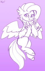 Size: 1123x1779 | Tagged: safe, artist:koapony, oc, oc only, hippogriff, flying, freckles, gradient background, looking at you, peace sign, sketch, smiling, solo, spread wings, victory sign, wings