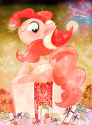 Size: 1132x1537 | Tagged: safe, artist:sibashen, pinkie pie, earth pony, pony, g4, christmas, female, hat, holiday, mare, merry christmas, present, santa hat, solo