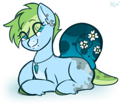 Size: 1500x1289 | Tagged: safe, artist:koapony, oc, oc only, oc:bendi, monster pony, original species, pony, snail, snail pony, ear piercing, earring, eye clipping through hair, eyebrows, eyebrows visible through hair, flower, happy, jewelry, looking at you, lying down, necklace, pendant, piercing, prone, simple background, smiling, solo, white background