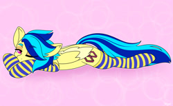 Size: 2119x1303 | Tagged: safe, artist:koapony, oc, oc only, oc:koa, pegasus, pony, clothes, colored wings, colored wingtips, eye clipping through hair, eyebrows, eyebrows visible through hair, lidded eyes, looking at you, lying down, one eye closed, prone, socks, solo, striped socks, thigh highs, two toned wings, wings