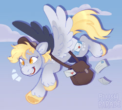 Size: 1000x900 | Tagged: safe, artist:plushparades, derpy hooves, pegasus, pony, g4, bag, blonde mane, blonde tail, cloud, colored hooves, flying, hat, mail, mailbag, mailmare, solo, spread wings, tail, unshorn fetlocks, wings, yellow eyes
