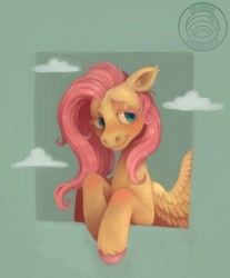 Size: 1005x1211 | Tagged: safe, artist:plushparades, fluttershy, pegasus, pony, g4, cloud, colored hooves, solo, teal eyes