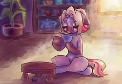 Size: 1600x1100 | Tagged: safe, artist:mannybcadavera, oc, oc:pavelyne, pony, unicorn, eyes closed, female, food, mare, solo, tea