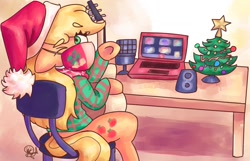 Size: 1412x912 | Tagged: safe, artist:mannybcadavera, applejack, earth pony, pony, g4, chair, christmas, christmas tree, computer, face mask, guitar, hat, holiday, laptop computer, mask, musical instrument, one eye closed, santa hat, solo, tree, wink