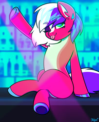 Size: 1500x1848 | Tagged: safe, artist:koapony, oc, oc only, earth pony, pony, bar, crossed legs, ear fluff, ear piercing, earring, eyebrows, eyebrows visible through hair, hoof polish, jewelry, looking at you, one eye closed, piercing, raspberry, smiling, solo, tongue out, wink