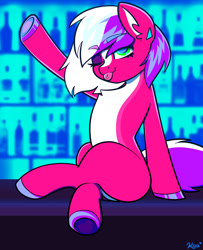 Size: 1500x1848 | Tagged: safe, alternate version, artist:koapony, oc, oc only, earth pony, pony, bar, crossed legs, ear fluff, ear piercing, earring, eyebrows, eyebrows visible through hair, hoof polish, jewelry, looking at you, one eye closed, piercing, raspberry, smiling, solo, tongue out, wink