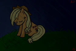 Size: 900x601 | Tagged: safe, artist:zedssparkle, applejack, earth pony, pony, g4, applejack's hat, cowboy hat, crying, darkness, eyes closed, hat, night, rain, sad, sitting, solo