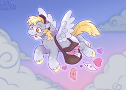 Size: 1500x1082 | Tagged: safe, artist:plushparades, derpy hooves, pegasus, pony, g4, bag, blonde mane, blonde tail, cloud, colored hooves, female, flying, hat, holiday, mail, mailbag, mailmare, mare, solo, spread wings, tail, unshorn fetlocks, valentine's day, valentine's day card, wings, yellow eyes