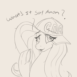 Size: 4000x4000 | Tagged: safe, artist:2fat2fly, fluttershy, pegasus, pony, g4, absurd resolution, baseball cap, cap, dialogue, female, frog (hoof), hat, hooves, implied anon, looking up, mare, monochrome, open mouth, raised hoof, simple background, solo, underhoof