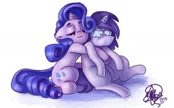 Size: 1600x1000 | Tagged: safe, artist:mannybcadavera, rarity, oc, pony, unicorn, g4, eyes closed, female, glasses, hug, male, mare, stallion