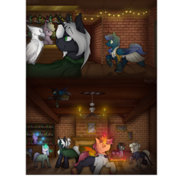 Size: 3000x3000 | Tagged: safe, artist:molars, oc, oc only, earth pony, phoenix, pony, unicorn, bar, bartender, bottle, brick, brick wall, candle, canterlot, chandelier, clothes, detailed background, dress, drinking, fairy lights, female, fire, frame, gold, high res, magic, male, mare, multiple characters, paintings, spy, stallion, suit, telekinesis, waiter, wood