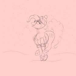 Size: 2048x2048 | Tagged: safe, artist:2fat2fly, pinkie pie, earth pony, pony, g4, boots, breath, catching snowflakes, clothes, coat, female, hat, high res, lidded eyes, looking up, mare, monochrome, open mouth, open smile, shoes, sketch, smiling, snow, snowfall, solo, wool cap