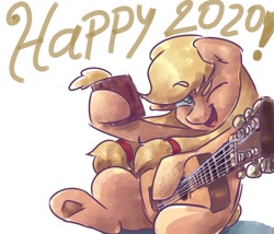 Size: 1146x983 | Tagged: safe, artist:mannybcadavera, applejack, earth pony, pony, g4, 2020, cider, female, guitar, happy new year 2020, mare, musical instrument, old art, one eye closed, open mouth, simple background, solo, text, white background, wink