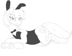 Size: 5098x4000 | Tagged: safe, artist:2fat2fly, photo finish, earth pony, pony, g4, :p, bow, bunny ears, bunny suit, clothes, drawthread, eye clipping through hair, female, goggles, leotard, looking at you, lying down, mare, monochrome, simple background, solo, tongue out, white background