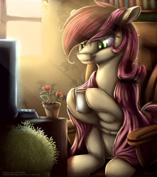 Size: 3383x3827 | Tagged: safe, artist:2fat2fly, roseluck, earth pony, pony, g4, bookshelf, chair, computer, crepuscular rays, cup, female, flower, high res, hoof hold, keyboard, mare, open mouth, potted plant, rose, sitting, solo, steam