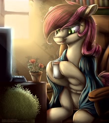 Size: 3383x3827 | Tagged: safe, alternate version, artist:2fat2fly, roseluck, earth pony, pony, g4, bookshelf, chair, computer, crepuscular rays, cup, female, flower, high res, hoof hold, keyboard, mare, open mouth, potted plant, rose, sitting, solo, steam