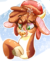 Size: 734x897 | Tagged: safe, artist:2fat2fly, arizona (tfh), cow, pony, them's fightin' herds, cloven hooves, community related, drawthread, earmuffs, eye clipping through hair, female, hat, pale belly, snow, snowfall, snowflake, solo