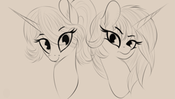 Size: 1029x583 | Tagged: safe, artist:2fat2fly, princess celestia, princess luna, alicorn, pony, g4, bust, duo, ear fluff, eye clipping through hair, female, horn, looking at you, mare, monochrome, portrait, siblings, sisters