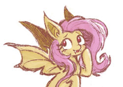 Size: 443x314 | Tagged: safe, artist:fizpup, fluttershy, bat pony, pony, g4, bat ponified, fangs, flutterbat, race swap, simple background, solo, white background