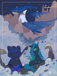 Size: 576x768 | Tagged: artist needed, source needed, safe, nightmare moon, princess luna, queen chrysalis, alicorn, changeling, changeling queen, pony, g4, boat, clothes, cloud, duo, female, mare, moon