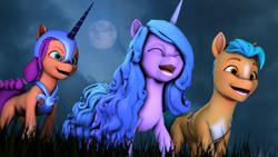 Size: 3840x2160 | Tagged: safe, artist:shifttgc, derpibooru exclusive, hitch trailblazer, izzy moonbow, sunny starscout, earth pony, pony, unicorn, g5, 3d, female, grass, high res, male, mare, moon, nightmare moon armor, nightmare night, sky, source filmmaker, stallion