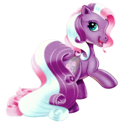 Size: 644x651 | Tagged: safe, wysteria, earth pony, pony, g3, official, cute, facing away, female, happy, looking at you, mare, multicolored mane, open mouth, purple coat, raised hoof, simple background, solo, transparent background, wysteriadorable