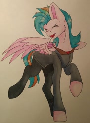 Size: 1488x2048 | Tagged: safe, artist:crasti, oc, oc only, pegasus, pony, clothes, eyes closed, open mouth, pegasus oc, smiling, solo, spread wings, traditional art, wings