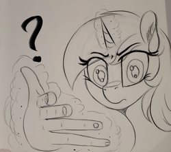 Size: 1697x1500 | Tagged: safe, artist:2fat2fly, lyra heartstrings, pony, unicorn, g4, doodle, ear fluff, female, hand, horn, looking at you, magic, magic hands, mare, monochrome, question mark, solo