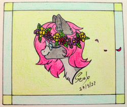 Size: 1280x1081 | Tagged: safe, artist:soulfulmirror, oc, oc only, oc:soulful mirror, pony, bust, eyes closed, floral head wreath, flower, flower in hair, glasses, ponysona, portrait, solo, traditional art