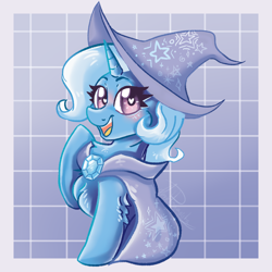 Size: 1000x1000 | Tagged: safe, artist:dankpegasista, derpibooru exclusive, trixie, pony, unicorn, g4, big eyes, big smile, blue fur, blue mane, blushing, brooch, cape, checkered background, chest fluff, chibi, clothes, cmyk, curly hair, cute, diatrixes, eyelashes, female, full body, gem, happy, hat, heart, heart eyes, highlights, jewelry, krita, lineart, looking at you, no ears, passepartout, purple background, raised hoof, shading, signature, simple background, smiling, smiling at you, smol, solo, stars, trixie's cape, trixie's hat, wingding eyes