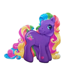 Size: 1200x1200 | Tagged: safe, rainbowberry, earth pony, pony, g3, official, curly mane, long mane, long tail, multicolored hair, purple coat, rainbow hair, simple background, super long hair, super long hair ponies, tail, transparent background