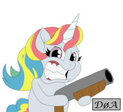 Size: 2893x2631 | Tagged: safe, artist:doaart, pony, unicorn, gun, high res, multicolored hair, not rainbow dash, rainbow hair, shotgun, weapon