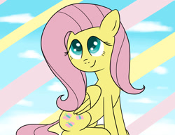 Size: 1019x784 | Tagged: safe, artist:ccortxx, fluttershy, pegasus, pony, g4, cloud, cute, on a cloud, shyabetes, sitting, sitting on a cloud, sky, smiling, solo