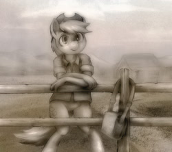 Size: 1800x1600 | Tagged: safe, artist:darkdoomer, oc, anthro, barn, countryside, farm, fence, monochrome, scenery, solo, traditional art, wip