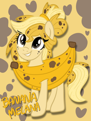 Size: 2768x3690 | Tagged: safe, artist:sjart117, oc, oc only, oc:watermelana, pony, alternate color palette, alternate hairstyle, april fools, banana, banana costume, banana peel, banana suit, clothes, costume, female, food, food costume, freckles, fruit, heart, high res, mare, silly, silly pony, smiling, solo