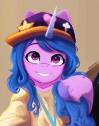 Size: 1428x1818 | Tagged: safe, alternate version, artist:maren, izzy moonbow, pony, unicorn, g5, cap, female, grin, hat, mare, selfie, smiling, solo, unshorn fetlocks