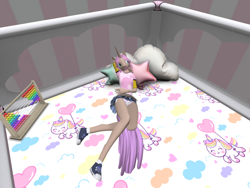 Size: 1024x768 | Tagged: safe, oc, oc only, oc:sugar star, unicorn, anthro, clothes, diaper, female, non-baby in diaper, pacifier, playpen, second life, shoes, skirt